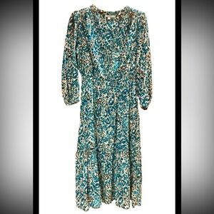 Chico's Ikat Maxi Dress Teal Blue Long Sleeve Boho Pockets Tiered Size 8